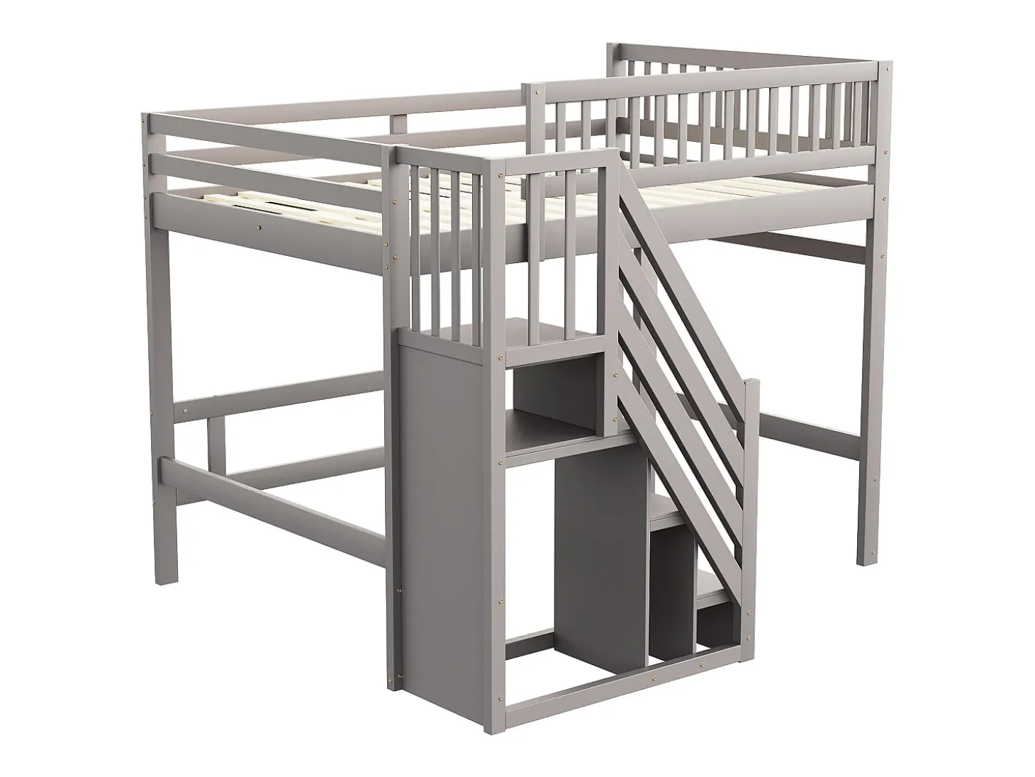 Cama alta infantil - 140 x 200 cm - escada com módulo de arrumação - madeira - cinza