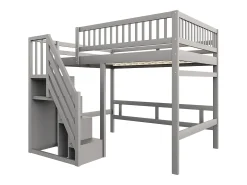 Cama alta infantil - 140 x 200 cm - escada com módulo de arrumação - madeira - cinza