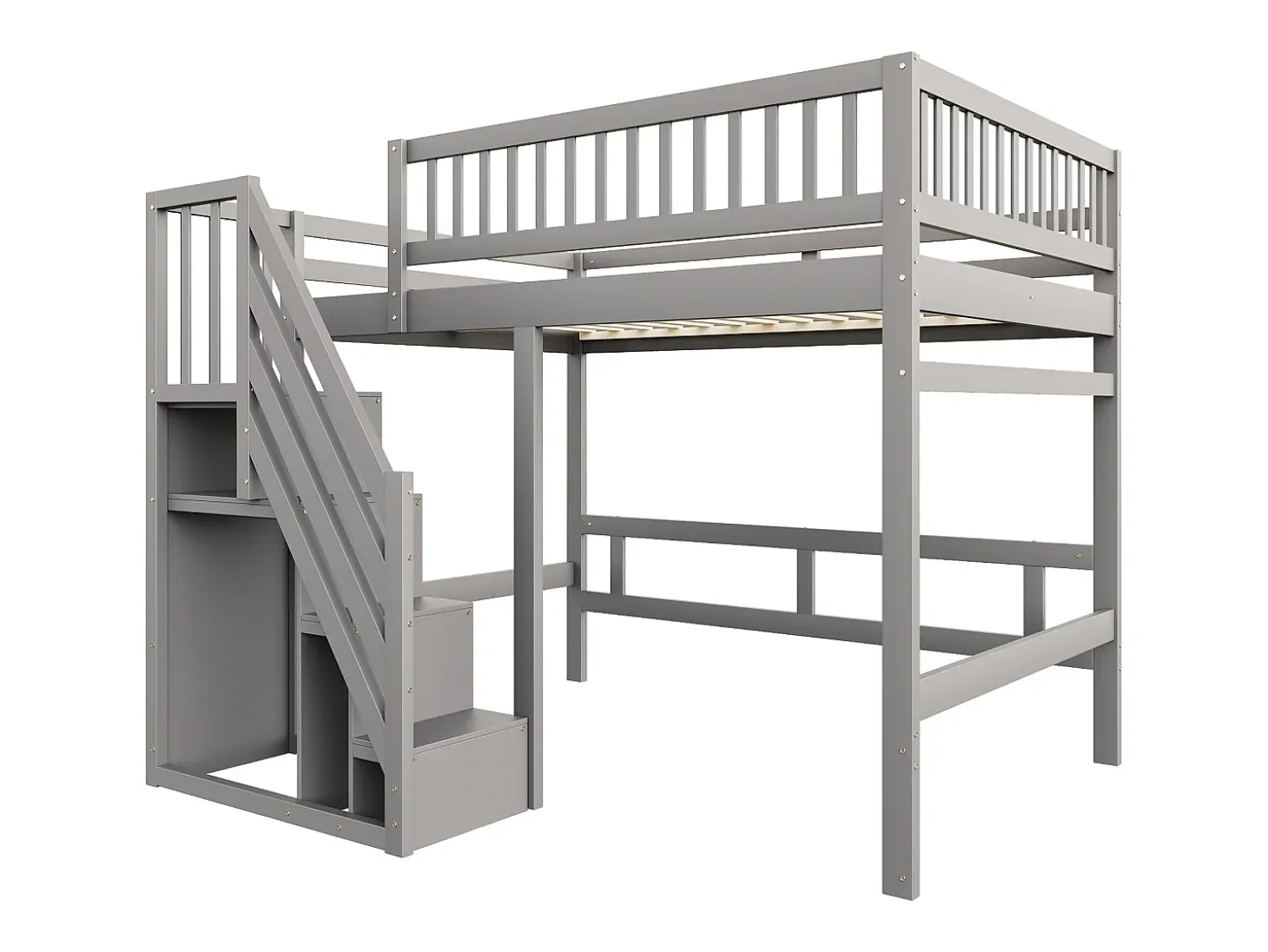 Cama alta infantil - 140 x 200 cm - escada com módulo de arrumação - madeira - cinza
