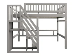 Cama alta infantil - 140 x 200 cm - escada com módulo de arrumação - madeira - cinza