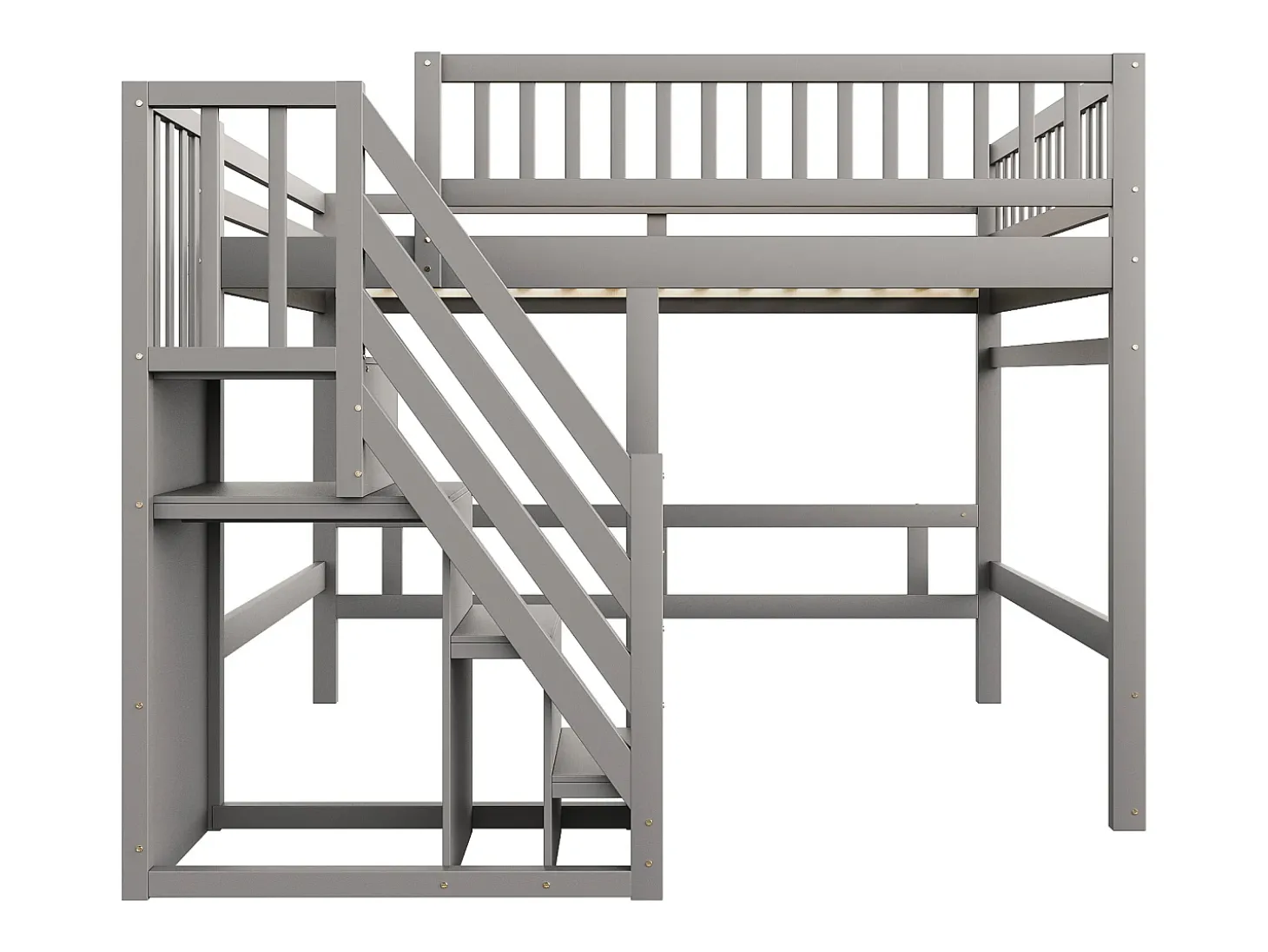Cama alta infantil - 140 x 200 cm - escada com módulo de arrumação - madeira - cinza