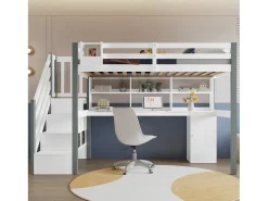 Cama alta infantil - 90 x 200 cm - com escrivaninha e prateleira de armazenamento - pinho + MDF - branco + cinza