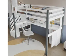Cama alta infantil - 90 x 200 cm - com escrivaninha e prateleira de armazenamento - pinho + MDF - branco + cinza