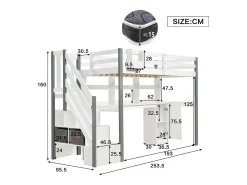 Cama alta infantil - 90 x 200 cm - com escrivaninha e prateleira de armazenamento - pinho + MDF - branco + cinza