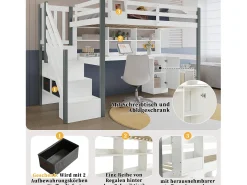 Cama alta infantil - 90 x 200 cm - com escrivaninha e prateleira de armazenamento - pinho + MDF - branco + cinza