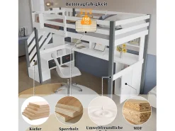 Cama alta infantil - 90 x 200 cm - com escrivaninha e prateleira de armazenamento - pinho + MDF - branco + cinza