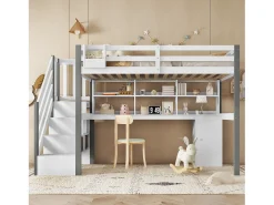 Cama alta infantil - 90 x 200 cm - com escrivaninha e prateleira de armazenamento - pinho + MDF - branco + cinza