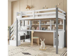 Cama alta infantil - 90 x 200 cm - com escrivaninha e prateleira de armazenamento - pinho + MDF - branco + cinza