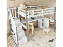 Cama alta infantil - 90 x 200 cm - com escrivaninha e prateleira de armazenamento - pinho + MDF - branco + cinza
