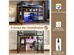 Cama alta infantil - 140 x 200 cm - com guarda-roupa + LEDs + escrivaninha + 1 gaveta - MDF + metal - preto