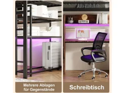 Cama alta infantil - 140 x 200 cm - com guarda-roupa + LEDs + escrivaninha + 1 gaveta - MDF + metal - preto