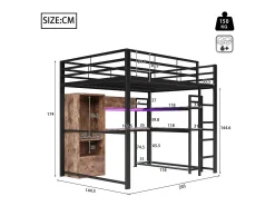 Cama alta infantil - 140 x 200 cm - com guarda-roupa + LEDs + escrivaninha + 1 gaveta - MDF + metal - preto