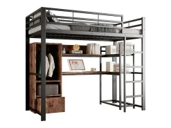 Cama alta infantil - 140 x 200 cm - com guarda-roupa + LEDs + escrivaninha + 1 gaveta - MDF + metal - preto