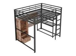 Cama alta infantil - 140 x 200 cm - com guarda-roupa + LEDs + escrivaninha + 1 gaveta - MDF + metal - preto