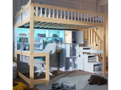 Cama alta infantil - 140 x 200 cm - com LEDs + escada de armazenamento + prateleiras + escrivaninha - madeira - branco + natural