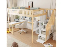 Cama alta infantil - 140 x 200 cm - com LEDs + escada de armazenamento + prateleiras + escrivaninha - madeira - branco + natural