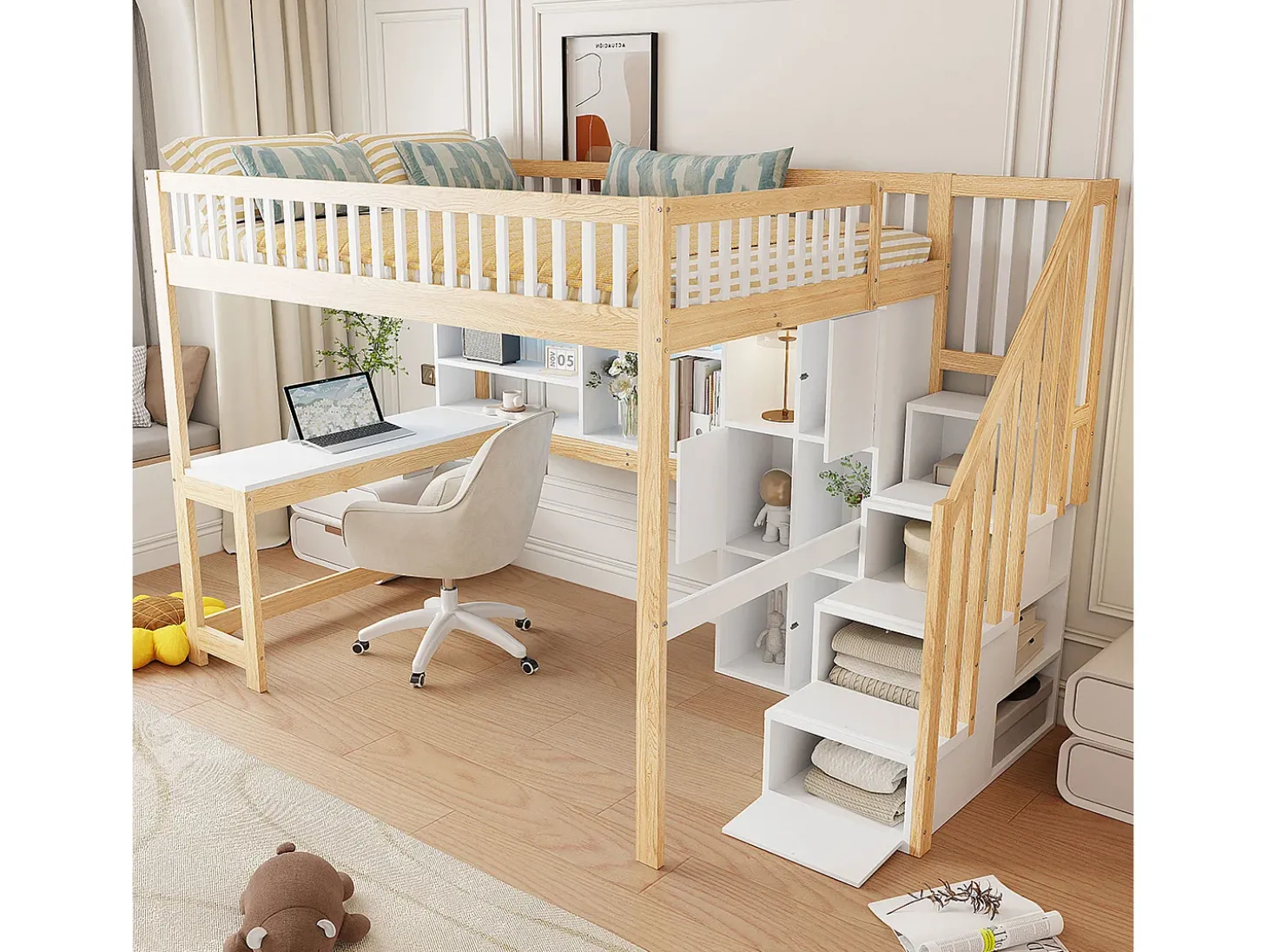 Cama alta infantil - 140 x 200 cm - com LEDs + escada de armazenamento + prateleiras + escrivaninha - madeira - branco + natural
