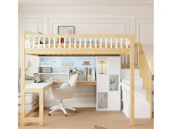 Cama alta infantil - 140 x 200 cm - com LEDs + escada de armazenamento + prateleiras + escrivaninha - madeira - branco + natural