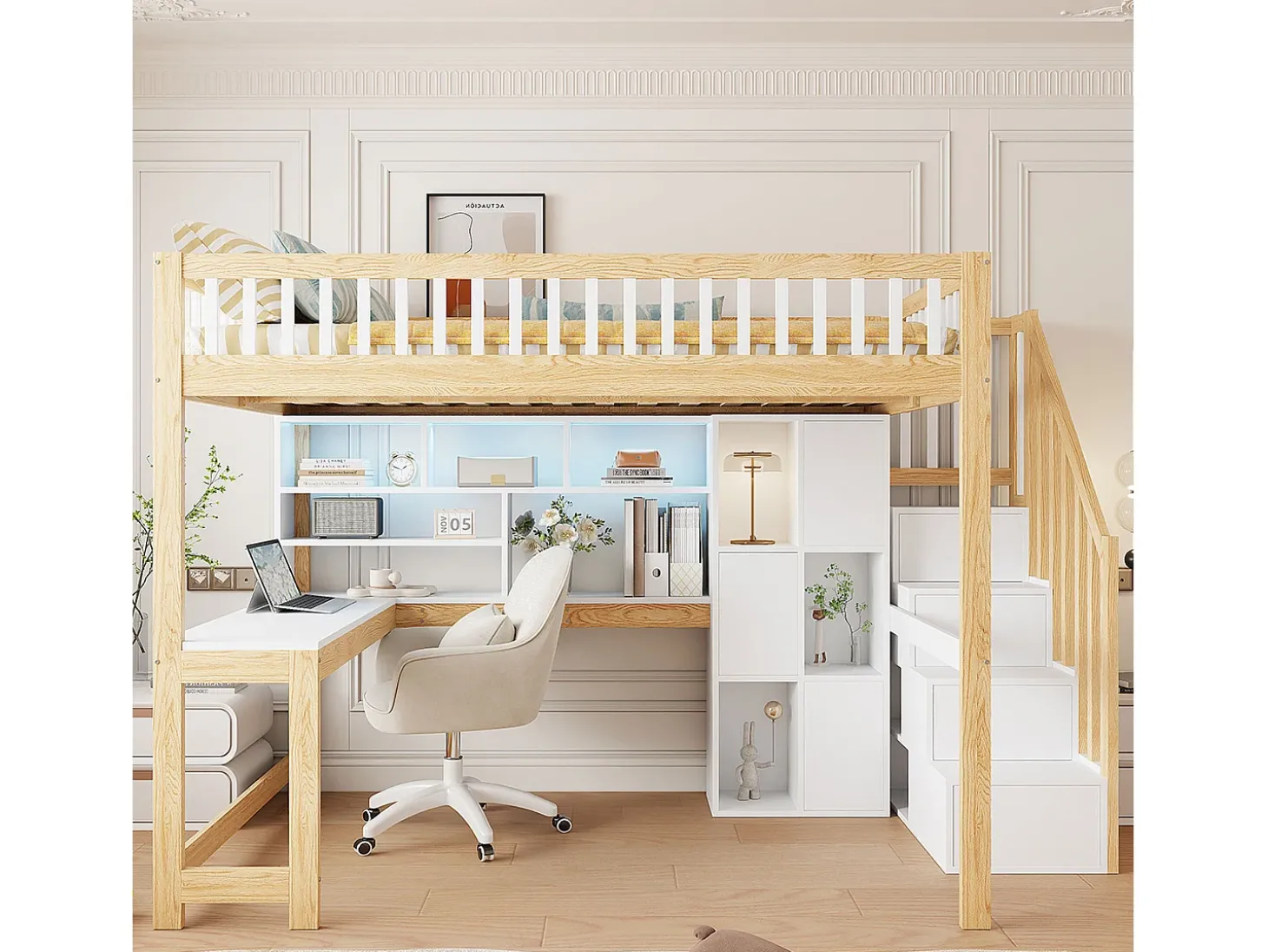 Cama alta infantil - 140 x 200 cm - com LEDs + escada de armazenamento + prateleiras + escrivaninha - madeira - branco + natural
