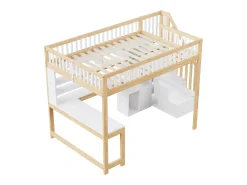 Cama alta infantil - 140 x 200 cm - com LEDs + escada de armazenamento + prateleiras + escrivaninha - madeira - branco + natural