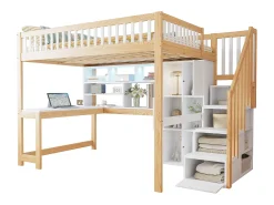 Cama alta infantil - 140 x 200 cm - com LEDs + escada de armazenamento + prateleiras + escrivaninha - madeira - branco + natural