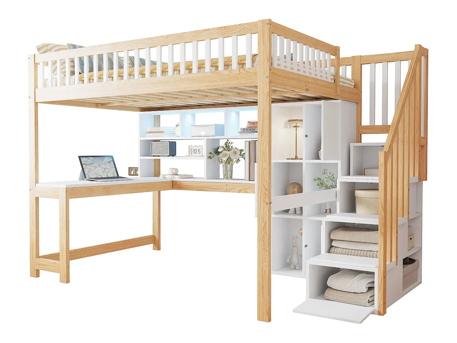 Cama alta infantil - 140 x 200 cm - com LEDs + escada de armazenamento + prateleiras + escrivaninha - madeira - branco + natural