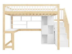 Cama alta infantil - 140 x 200 cm - com LEDs + escada de armazenamento + prateleiras + escrivaninha - madeira - branco + natural