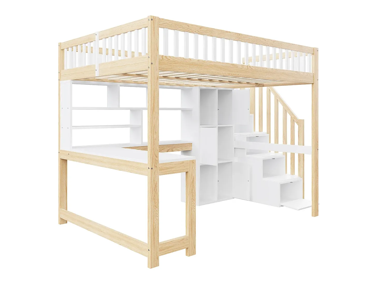 Cama alta infantil - 140 x 200 cm - com LEDs + escada de armazenamento + prateleiras + escrivaninha - madeira - branco + natural