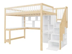 Cama alta infantil - 140 x 200 cm - com LEDs + escada de armazenamento + prateleiras + escrivaninha - madeira - branco + natural