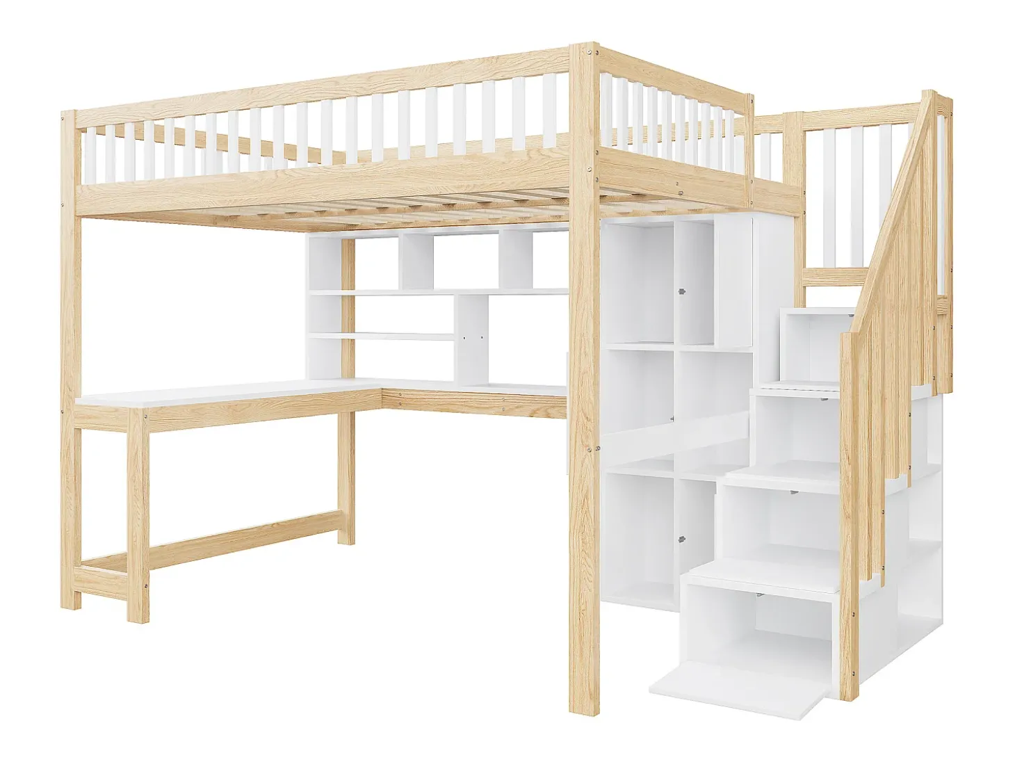 Cama alta infantil - 140 x 200 cm - com LEDs + escada de armazenamento + prateleiras + escrivaninha - madeira - branco + natural