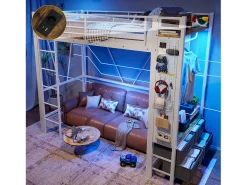Cama alta infantil - 90 x 200 cm - estrutura de ferro - com prateleiras + 4 gavetas + LEDs - metal - branco