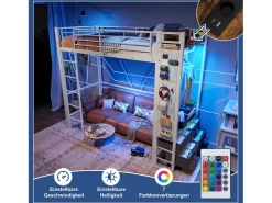 Cama alta infantil - 90 x 200 cm - estrutura de ferro - com prateleiras + 4 gavetas + LEDs - metal - branco
