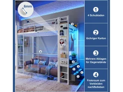 Cama alta infantil - 90 x 200 cm - estrutura de ferro - com prateleiras + 4 gavetas + LEDs - metal - branco
