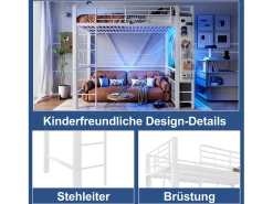 Cama alta infantil - 90 x 200 cm - estrutura de ferro - com prateleiras + 4 gavetas + LEDs - metal - branco