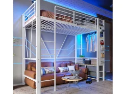 Cama alta infantil - 90 x 200 cm - estrutura de ferro - com prateleiras + 4 gavetas + LEDs - metal - branco
