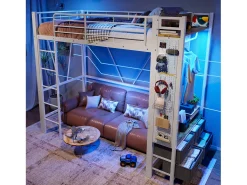 Cama alta infantil - 90 x 200 cm - estrutura de ferro - com prateleiras + 4 gavetas + LEDs - metal - branco