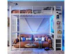 Cama alta infantil - 90 x 200 cm - estrutura de ferro - com prateleiras + 4 gavetas + LEDs - metal - branco