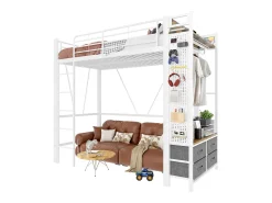 Cama alta infantil - 90 x 200 cm - estrutura de ferro - com prateleiras + 4 gavetas + LEDs - metal - branco