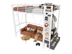 Cama alta infantil - 90 x 200 cm - estrutura de ferro - com prateleiras + 4 gavetas + LEDs - metal - branco