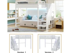 Cama alta infantil - 140 x 200 cm - com escada de arrumação + grade de segurança + luzes LED - madeira - branca