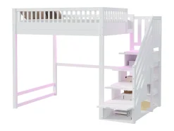 Cama alta infantil - 140 x 200 cm - com escada de arrumação + grade de segurança + luzes LED - madeira - branca