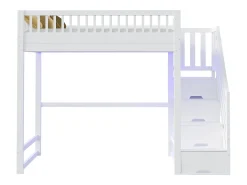 Cama alta infantil - 140 x 200 cm - com escada de arrumação + grade de segurança + luzes LED - madeira - branca