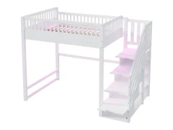 Cama alta infantil - 140 x 200 cm - com escada de arrumação + grade de segurança + luzes LED - madeira - branca