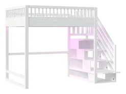 Cama alta infantil - 140 x 200 cm - com escada de arrumação + grade de segurança + luzes LED - madeira - branca