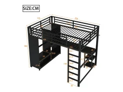 Cama alta infantil - 140 x 200 cm - com LEDs + escrivaninha + guarda-roupa + armazenamento - metal - preto