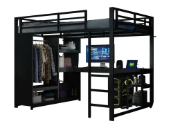 Cama alta infantil - 140 x 200 cm - com LEDs + escrivaninha + guarda-roupa + armazenamento - metal - preto