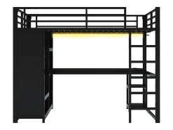 Cama alta infantil - 140 x 200 cm - com LEDs + escrivaninha + guarda-roupa + armazenamento - metal - preto