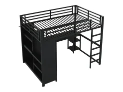 Cama alta infantil - 140 x 200 cm - com LEDs + escrivaninha + guarda-roupa + armazenamento - metal - preto