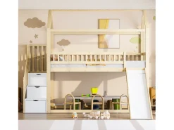Cama alta infantil - 90 x 200 cm - com escorregador + escada de armazenamento - madeira - natural
