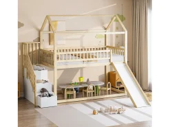 Cama alta infantil - 90 x 200 cm - com escorregador + escada de armazenamento - madeira - natural